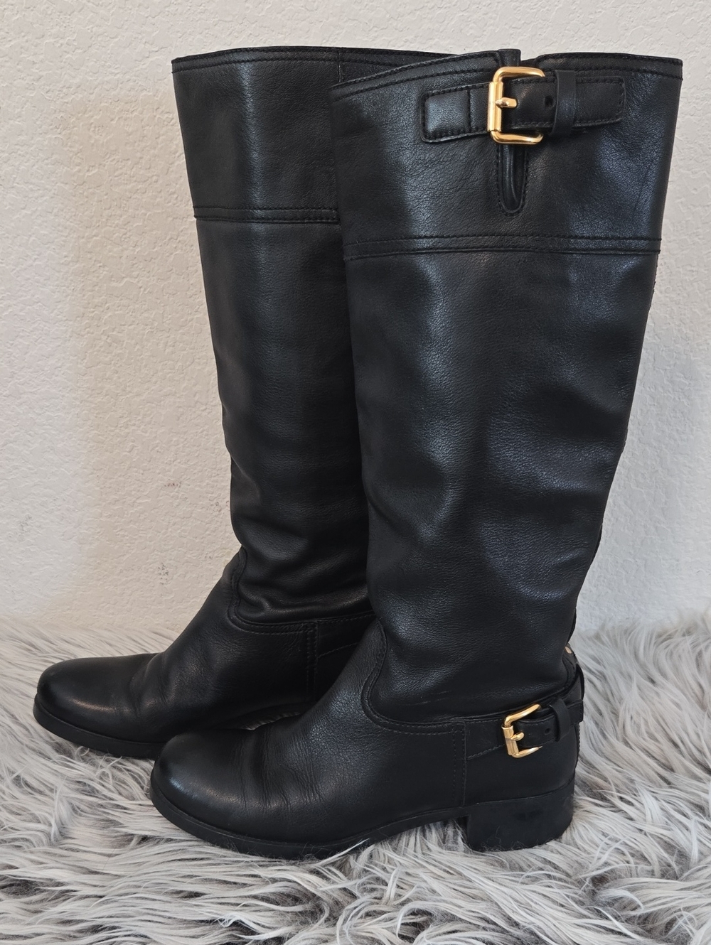 Prada Knee-High Riding Boots with Gold Buckle